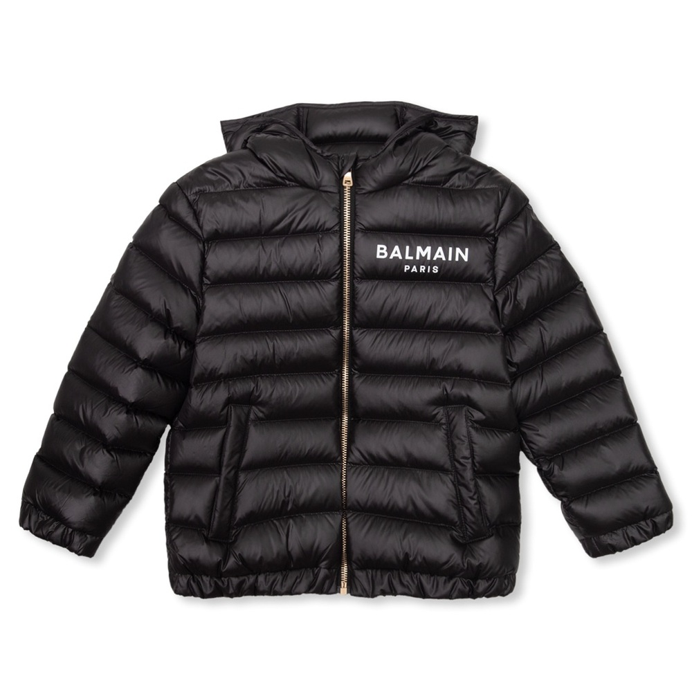 NW/OT BALMAIN / KIDS / size 4 / BLACK LOGO PRINT DETACHABLE HOODED PUFFER JACKET